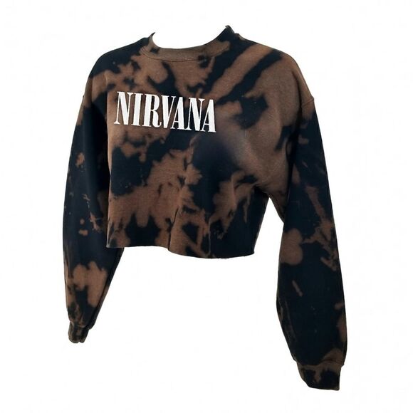 NIRVANA Acid Wash, Distressed "Cropped" Crop Top Long Sleeve Crewneck Sweatshirt - Picture 3 of 5